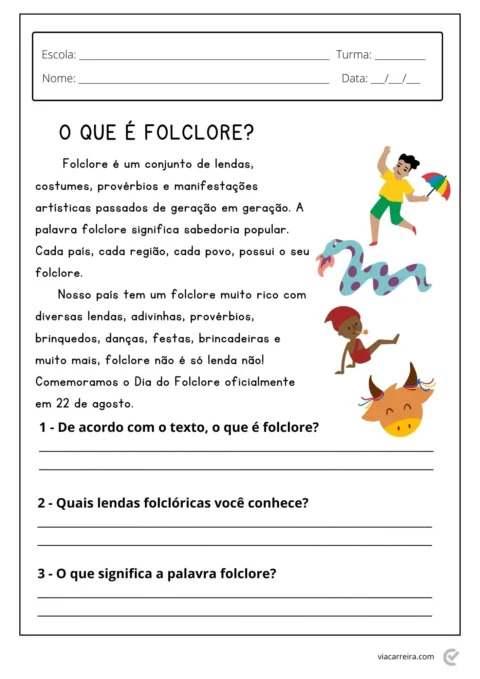 Atividade sobre folclore com ilustrações de personagens e perguntas.