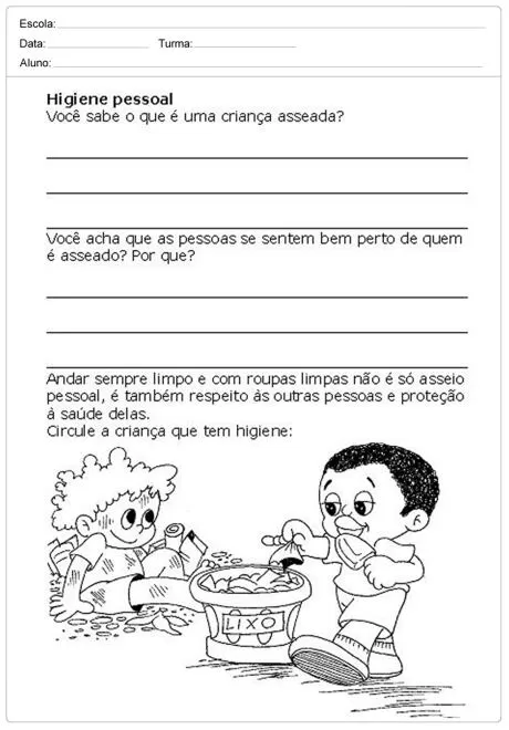 Atividade sobre higiene pessoal para crianças, com perguntas e ilustrações.