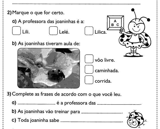 Atividade escolar sobre joaninhas com perguntas e espaço para respostas.