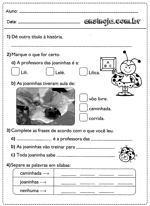 Atividade escolar sobre joaninhas com perguntas e espaço para respostas.
