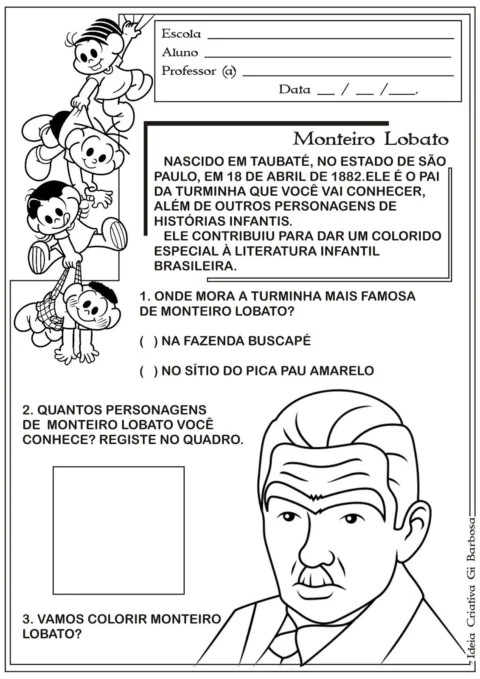Atividade sobre Monteiro Lobato com perguntas e espaço para colorir.