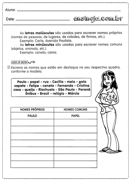 Atividade sobre nomes próprios e comuns com ilustração de uma menina segurando um gato.