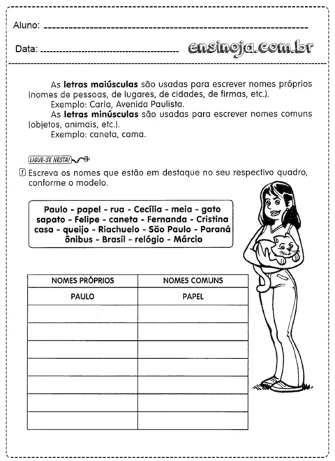 Atividade sobre nomes próprios e comuns com ilustração de uma menina segurando um gato.