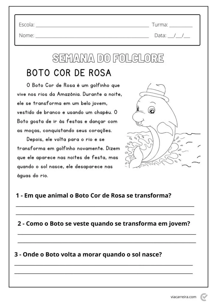 Desenho do Boto Cor de Rosa com texto sobre sua história.