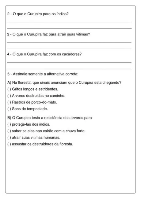 Atividade sobre o Curupira com perguntas e alternativas de resposta.