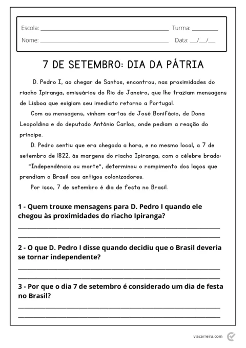Atividade educacional sobre o Dia da Pátria com perguntas sobre D. Pedro I e o Brasil.