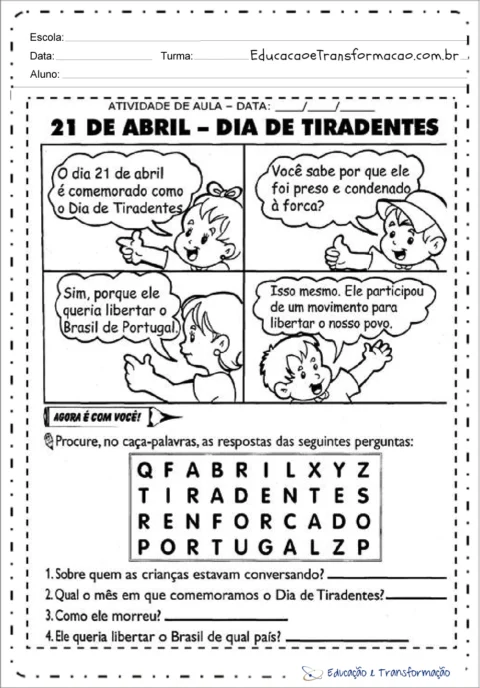 Atividade de aula sobre o Dia de Tiradentes com crianças conversando.