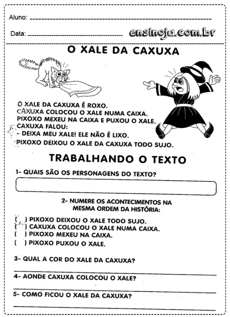 Atividade sobre o texto 'O Xale da Caxuxa' com perguntas e ilustrações.