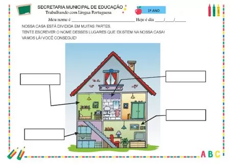 Desenho de uma casa com divisões internas e espaços para escrever nomes de cômodos.