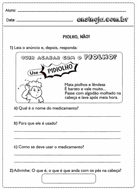 Atividade educativa sobre piolhos e o uso de medicamento.