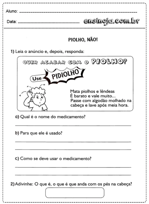 Atividade educativa sobre piolhos e o uso de medicamento.