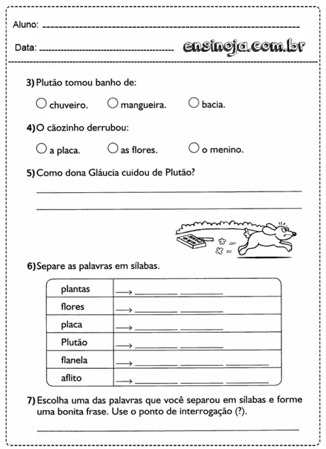 Atividade escolar sobre o personagem Plutão e separação de sílabas.