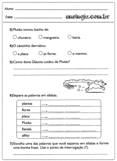 Atividade escolar sobre o personagem Plutão e separação de sílabas.