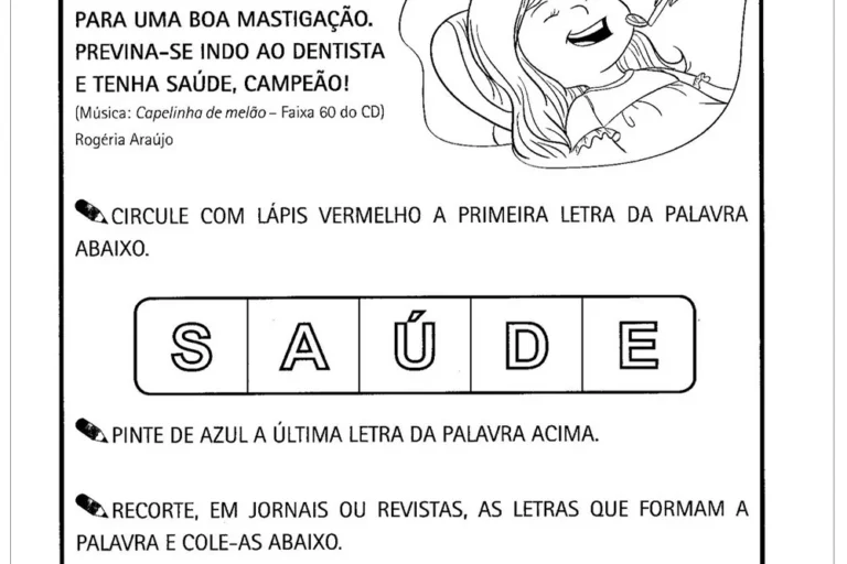 Atividade sobre saúde bucal com instruções para as crianças.