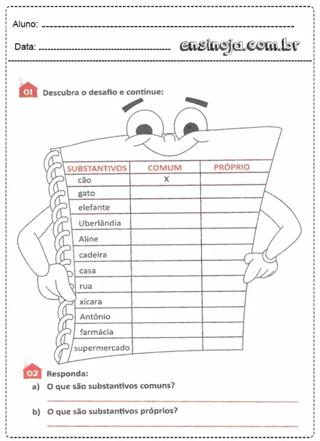 Atividade sobre substantivos comuns e próprios com um personagem animado segurando uma folha.