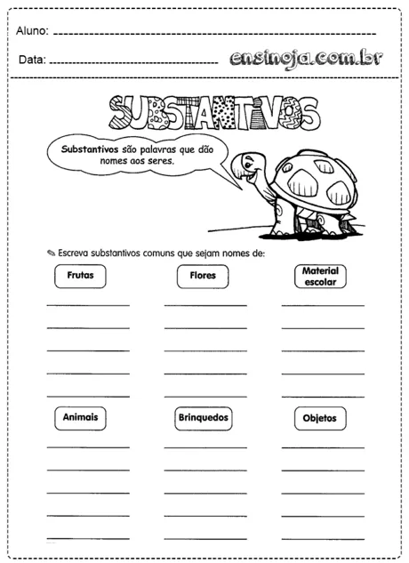 Atividade sobre substantivos com uma tartaruga desenhada.