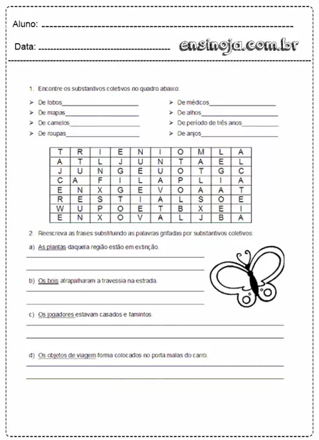 Atividade de educação infantil sobre substantivos coletivos com um caça-palavras e frases para completar.