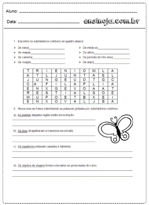 Atividade de educação infantil sobre substantivos coletivos com um caça-palavras e frases para completar.