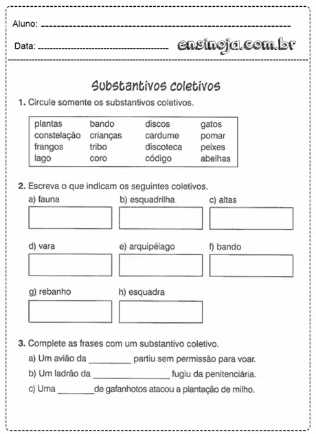 Atividade sobre substantivos coletivos para alunos do ensino fundamental.
