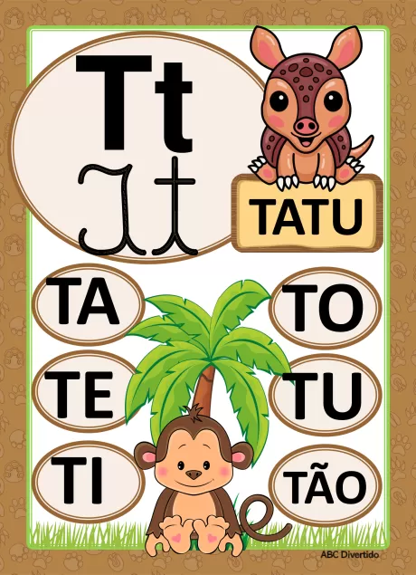 Imagem educativa com a letra T, incluindo um tatu e um macaco, com palavras que começam com T.