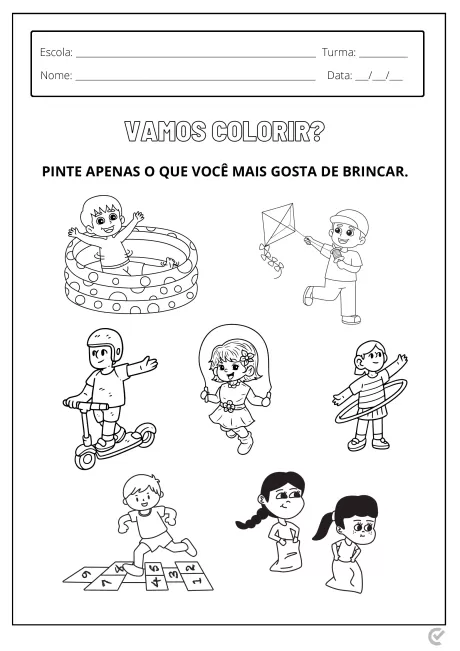 Imagem de atividades de colorir com crianças brincando em diferentes cenários.