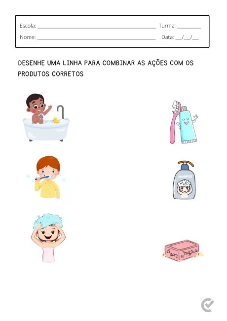 Ilustrações de crianças realizando atividades relacionadas a produtos de higiene pessoal.