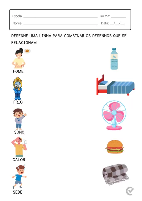 Imagem de uma atividade escolar com desenhos representando fome, frio, sono, calor e sede, além de objetos relacionados.