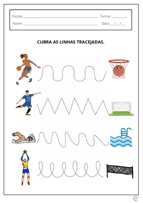 Imagem de uma folha de atividades com desenhos de esportes e linhas tracejadas para serem cobertas.
