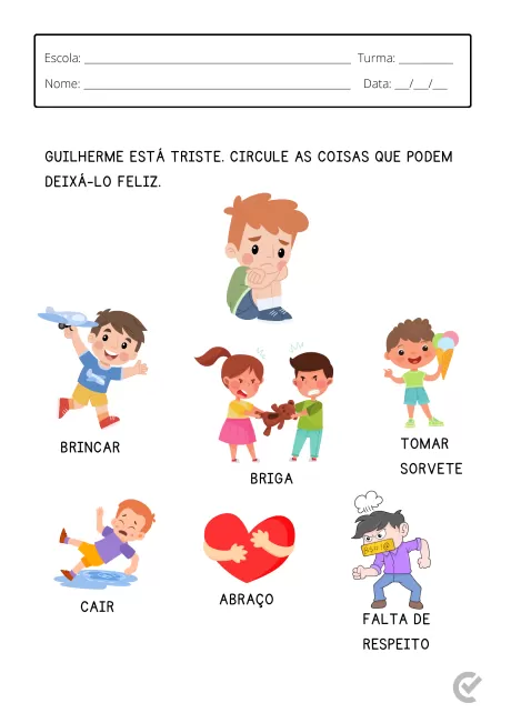 Ilustração de crianças em diferentes situações que podem causar felicidade ou tristeza.