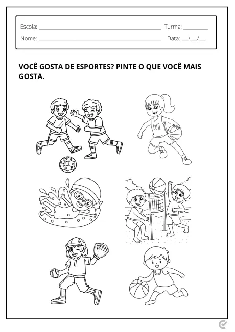 Atividades de colorir com crianças praticando diferentes esportes como futebol, basquete, vôlei e natação.