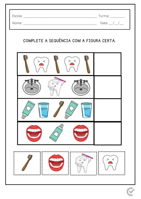 Imagem de uma atividade educacional sobre higiene bucal, com ilustrações de escovas de dente, copos, pias e sorrisos.