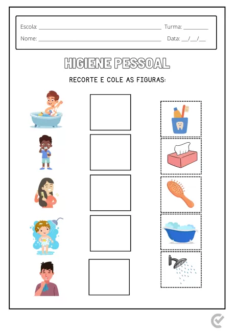 Imagem de uma atividade educacional sobre higiene pessoal com figuras para recortar e colar.