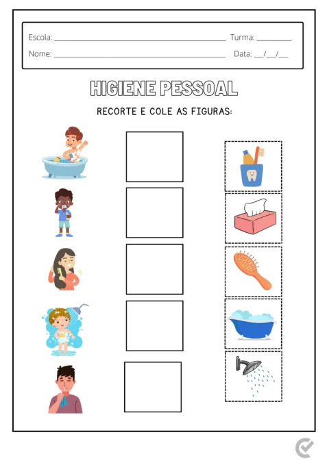 Imagem de uma atividade educacional sobre higiene pessoal com figuras para recortar e colar.