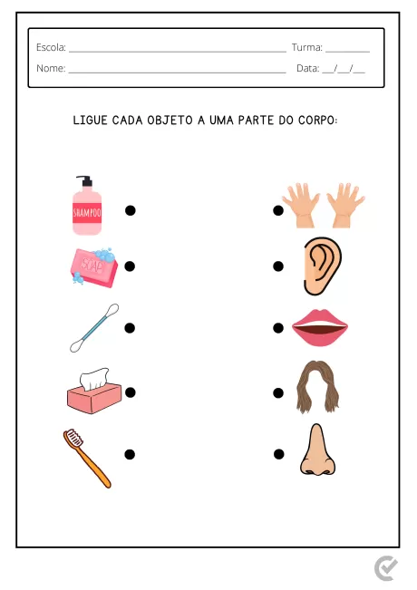 Atividade educacional com objetos e partes do corpo para ligar.