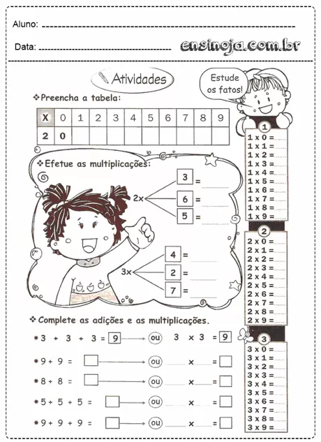 Atividade de matemática para crianças com multiplicações e adições.