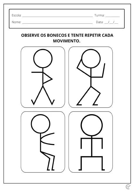 Quatro bonecos em diferentes posições de movimento para atividade de repetição.