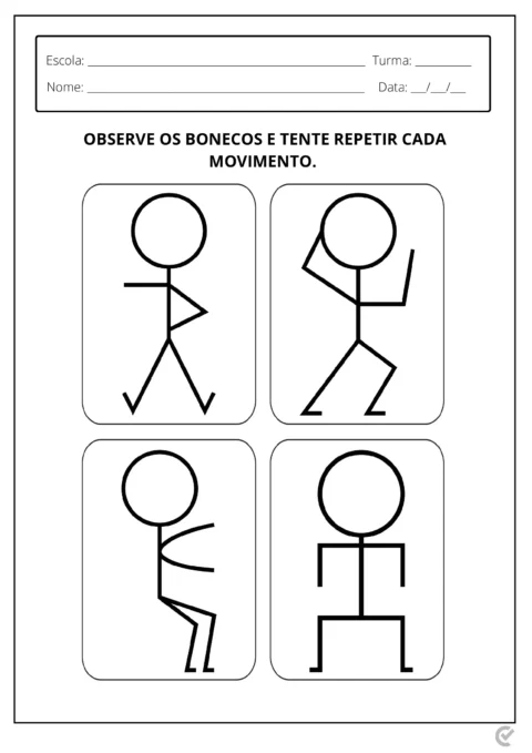 Quatro bonecos em diferentes posições de movimento para atividade de repetição.