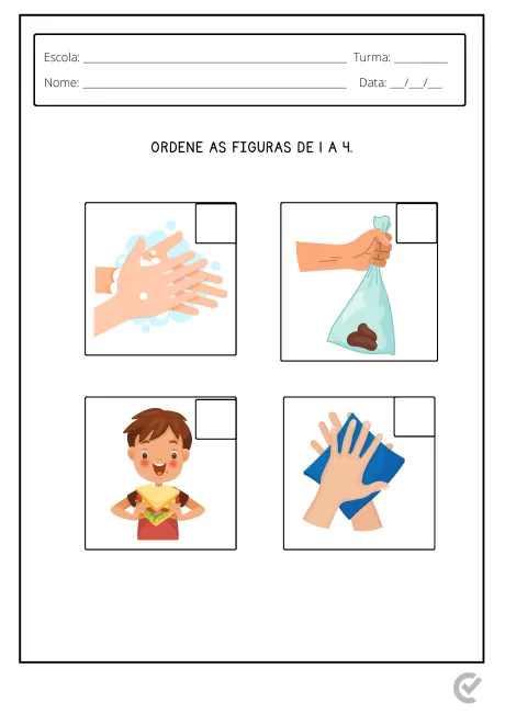 Quatro figuras ilustrativas para ordenar, incluindo lavagem de mãos, segurar um saco, uma criança feliz e secar as mãos.