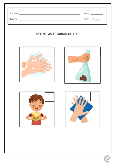 Quatro figuras ilustrativas para ordenar, incluindo lavagem de mãos, segurar um saco, uma criança feliz e secar as mãos.