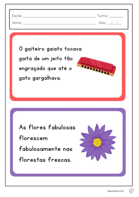 Atividade educativa com rimas e aliterações, incluindo um gaita e flores.