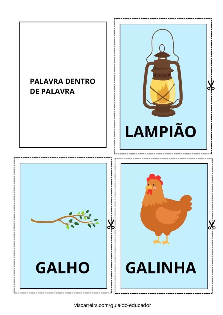 Cartões educativos com palavras e imagens: Lâmpião, Galho, Galinha.