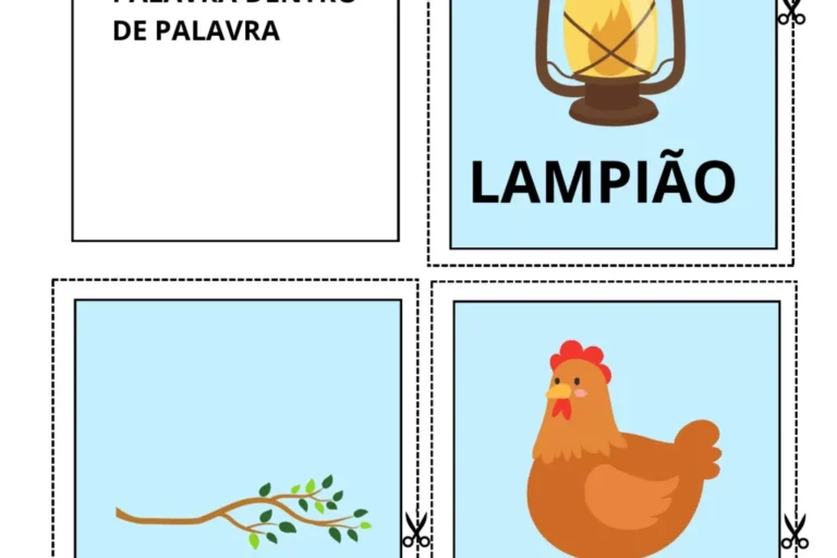 Cartões educativos com palavras e imagens: Lâmpião, Galho, Galinha.