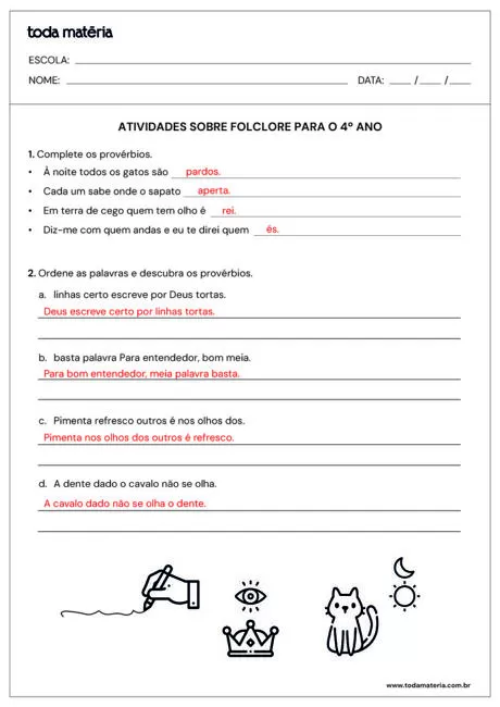 Atividades sobre folclore para o 4º ano com espaço para completar provérbios.