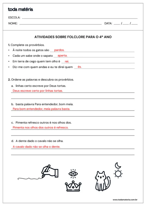 Atividades sobre folclore para o 4º ano com espaço para completar provérbios.