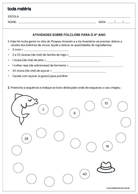 Atividades sobre folclore para o 4º ano com receitas e exercícios.