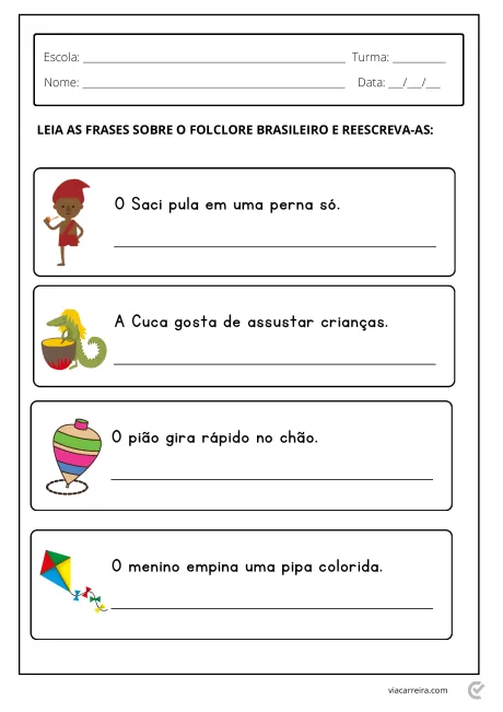 Atividade escolar sobre folclore brasileiro com frases para reescrever.