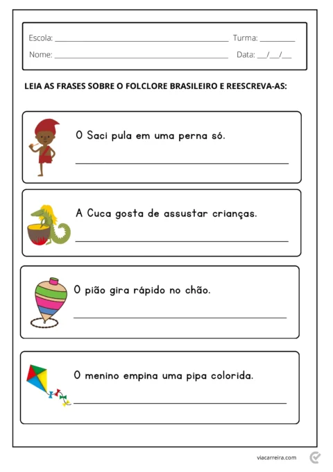 Atividade escolar sobre folclore brasileiro com frases para reescrever.