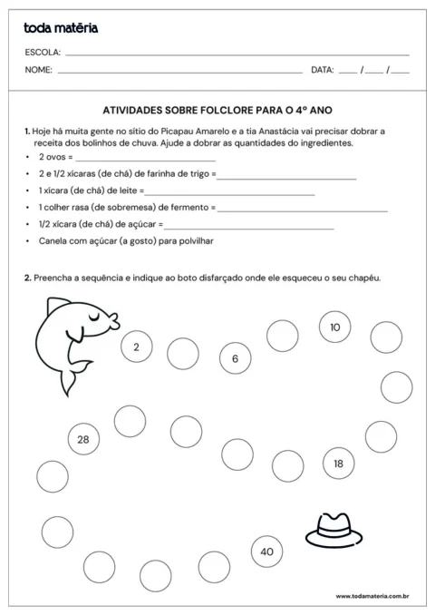 Atividades sobre folclore para o 4º ano com receitas e exercícios.
