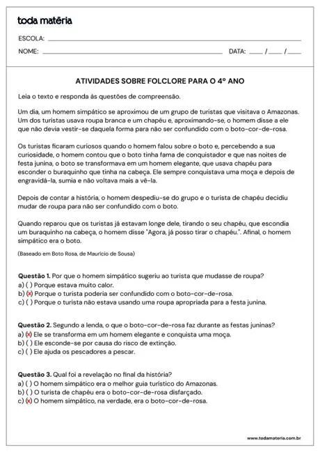 Atividades sobre folclore para o 4º ano com texto e perguntas de compreensão.