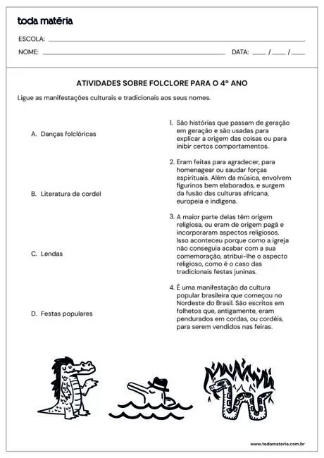 Atividades sobre folclore para o 4º ano com ilustrações de danças folclóricas e festas populares.